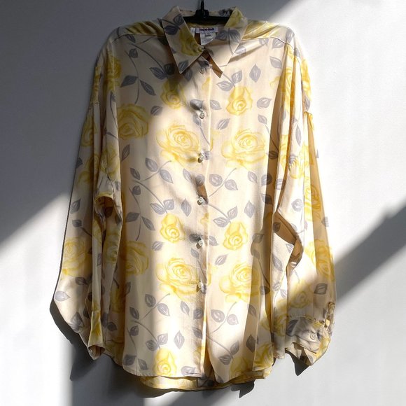 Vintage RODIER Paris Long Button-Up Yellow Rose Floral Silk Blouse sz 40 10 - Picture 1 of 12